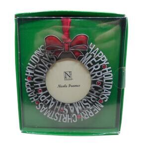 Happy Holidays/Merry Christmas Wreath Picture Frame Ornament NIB Nicole Silver